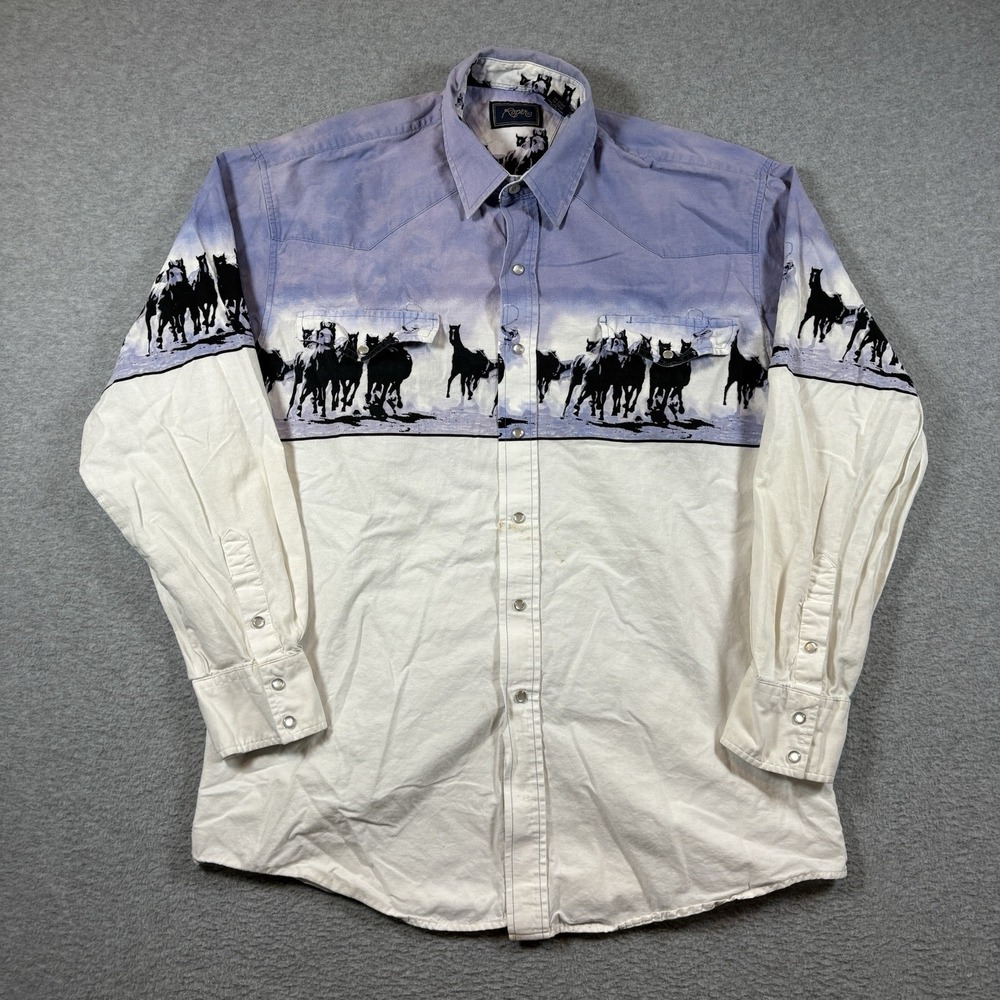 Vintage 90s Roper Running Horses Border Print Western Pearl Snap Shirt Mens L